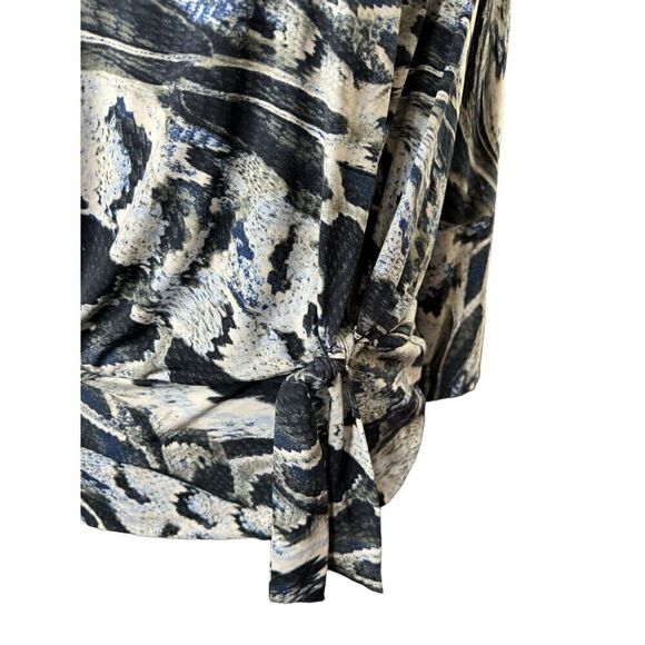 Clara Sun Woo Top Large Blue White Gray 3/4 Sleeve Stretch Knit Boxy Front Tie M - Picture 2 of 5